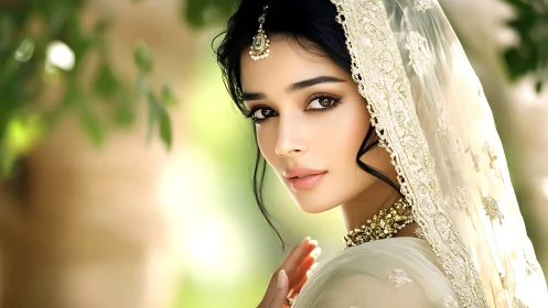 Bridal portrait in ivory dupatta with golden embroidery.