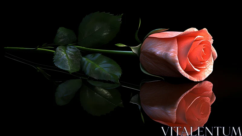 Two Red Roses with Lush Green Leaves on Black