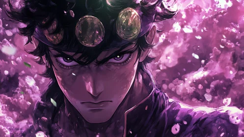 Intense anime warrior portrait in swirling violet energy field.