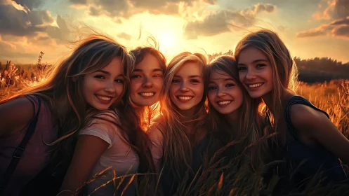 Five smiling young women in golden field at sunset, warm tones.
