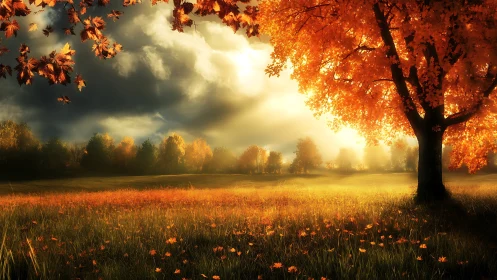 Golden autumn meadow under glowing afternoon light.