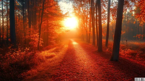 Autumn forest pathway with backlighting showing chromatic saturation and atmospheric golden hour eff