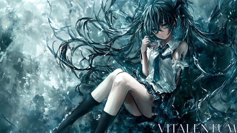 Blue-haired anime girl drifts amid swirling watery shadows.