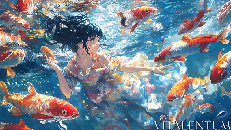 Girl in flowing dress swims underwater among vibrant koi