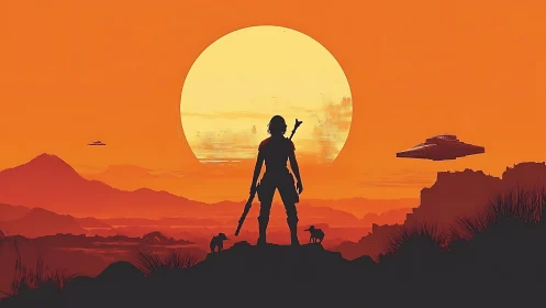 Lone space wanderer confronts blazing alien desert sun