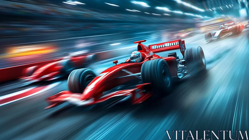 Digital night racing scene isolates a leading red formula car