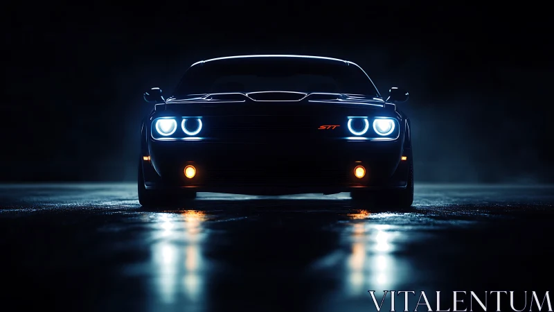 Front-lit muscle car with LED halos on wet night asphalt