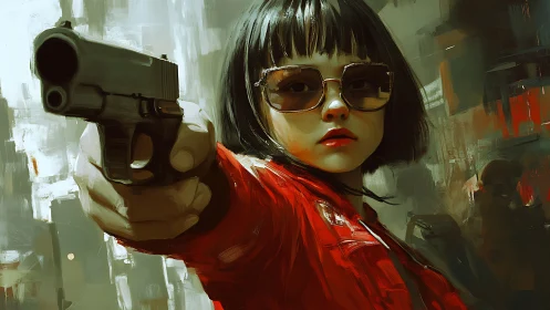 Young girl in red jacket aiming semi-auto pistol at viewer