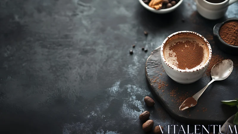 Coffee cup on slate board with cocoa and metal spoon.