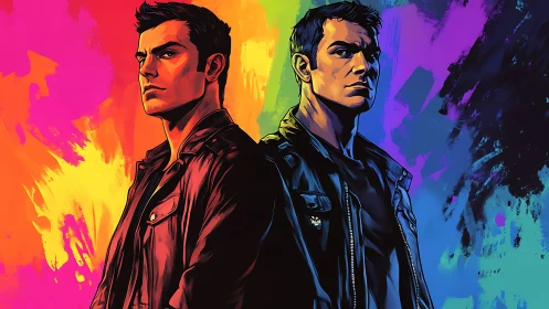 Dual leather-clad figures on neon-splashed gradient backdrop.