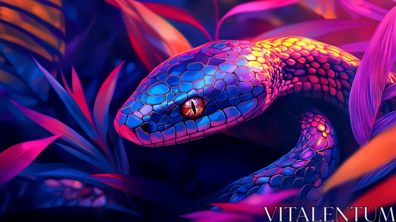 Neon-toned snake in stylized foliage under colored light.