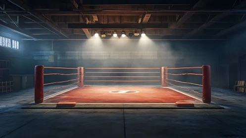 Professional boxing ring rendered with dramatic overhead lighting
