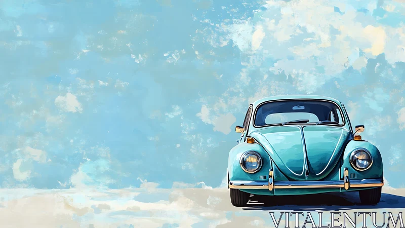 Vintage turquoise car faces viewer against abstract sky