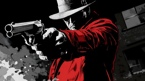 Noir gunman in red trenchcoat aiming double-barrel shotgun.