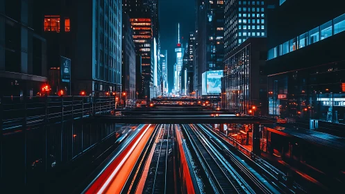 Neon city rail lines streak through dense midnight skyline