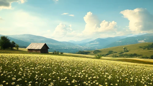 Mountain meadow panorama with daisy field and rustic shed