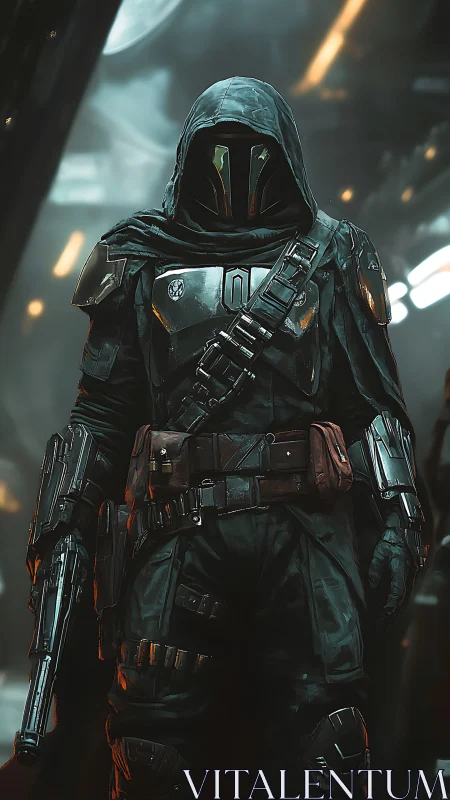 Armored sci fi bounty hunter stalks a dim industrial corridor