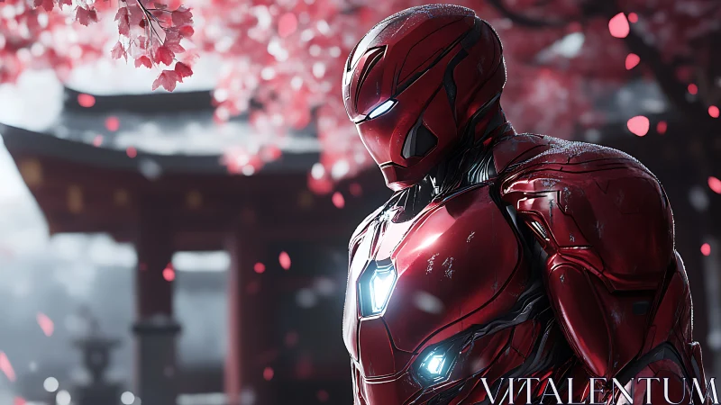Red armored hero under falling cherry blossoms at shrine