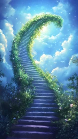 Curved stone stairway wrapped in lush greenery to sky.