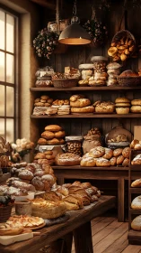 Rustic Bakery Shelves Brimming with Artisanal Breads.