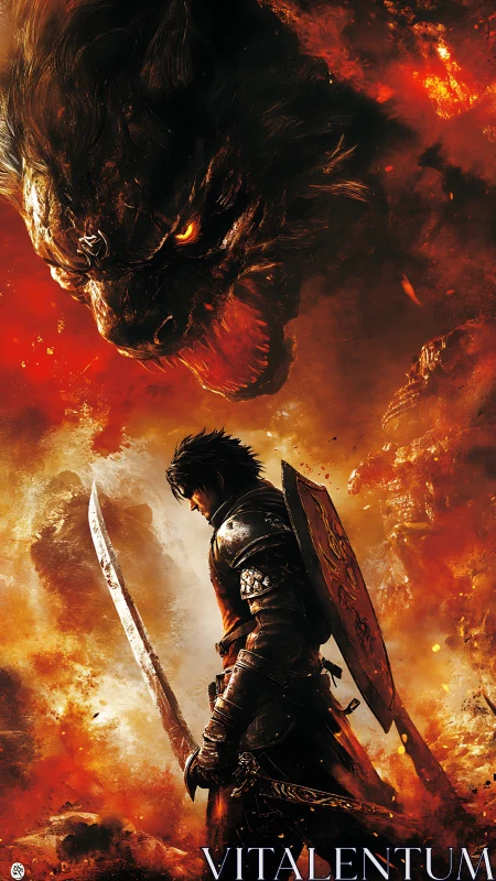 Armored warrior confronts colossal fire beast amid inferno.