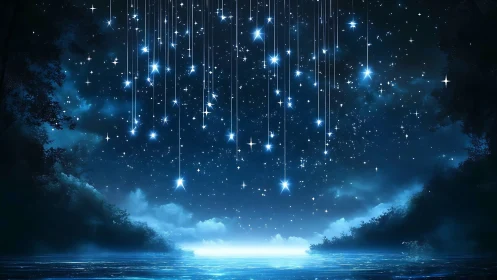 Falling starlight over tranquil night lake panorama.