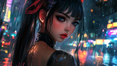 Neon-saturated rain portrait of blue-eyed urban vigilante.