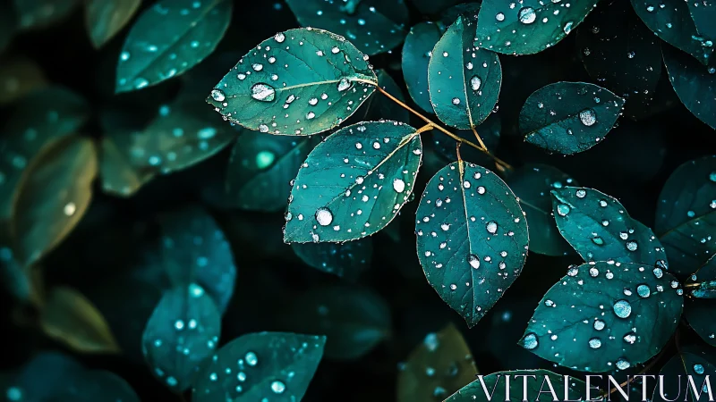 Raindrop-kissed teal leaves glowing softly after rainfall.