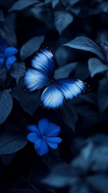 Blue morpho butterfly over nocturne leaves and blooms.