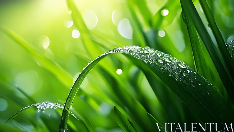 Morning dew glistens on vivid green grass blades in sunlight.