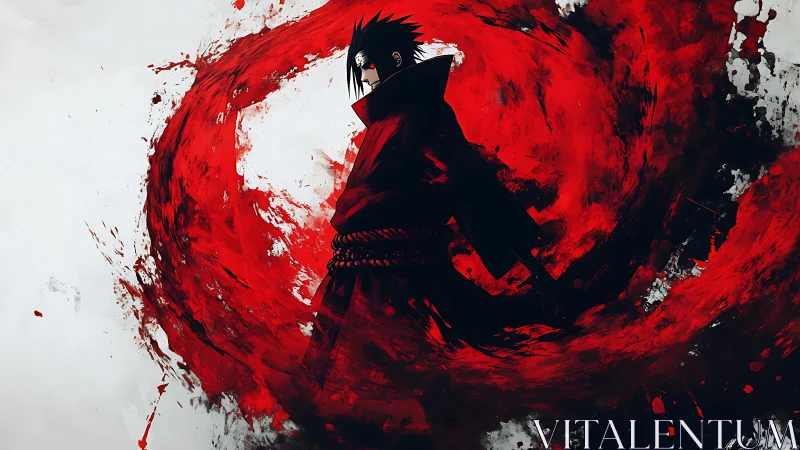 Dark robed warrior in red vortex, dynamic anime silhouette.