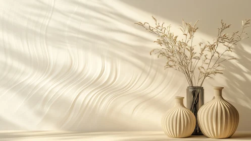 Sunlit ripples and sculpted vases in hushed neutral harmony.