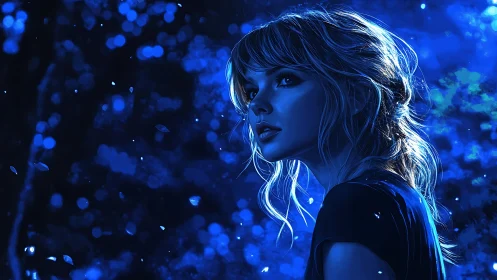 Nocturnal bokeh portrait under deep cobalt bioluminescence.