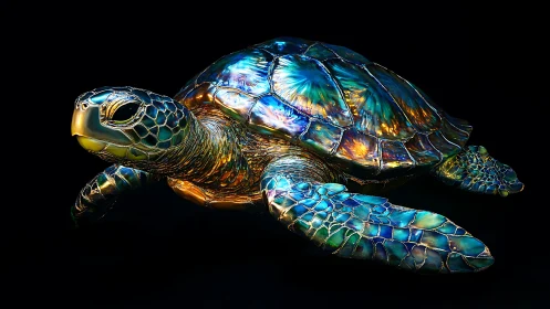 Iridescent 3D sea turtle sculpture glows against black background