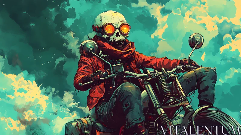 Post-apocalyptic skull rider accelerates through turbulent sky