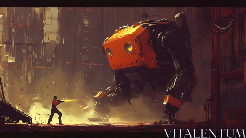 Industrial mech and human in dust-filled factory standoff.