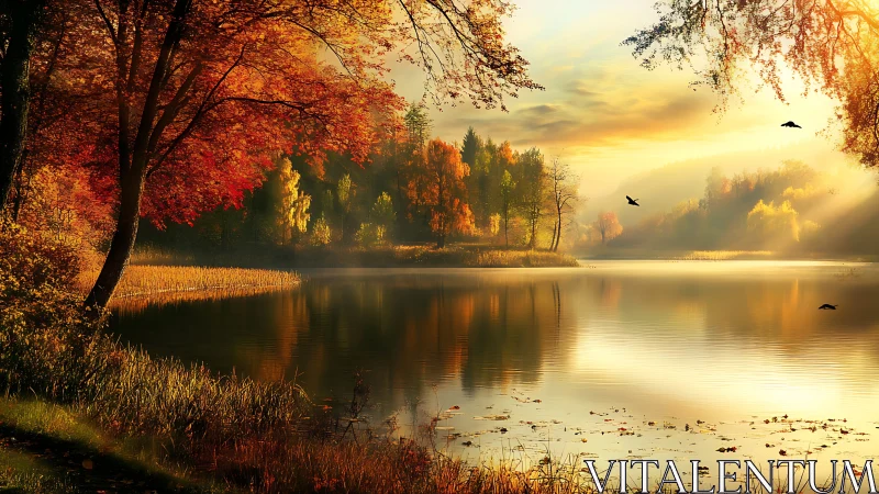 Calm autumn lake with golden light and distant forest trees.