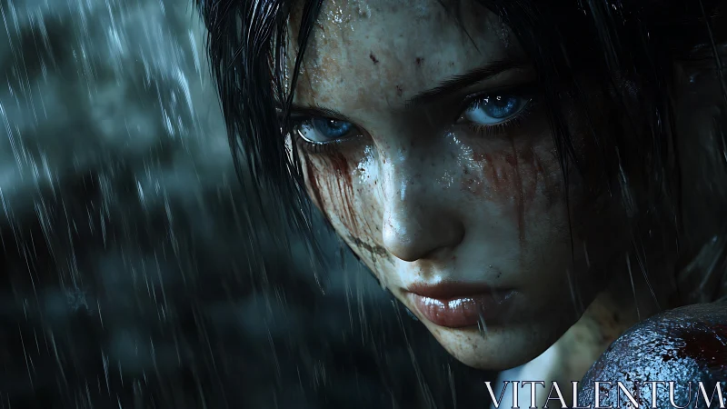 Cinematic 3D close-up portrait in dynamic rain lighting.