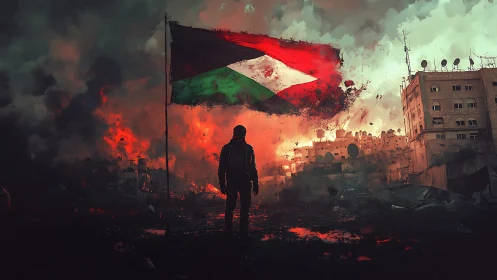 Lone figure confronts war-torn city beneath burning flag.