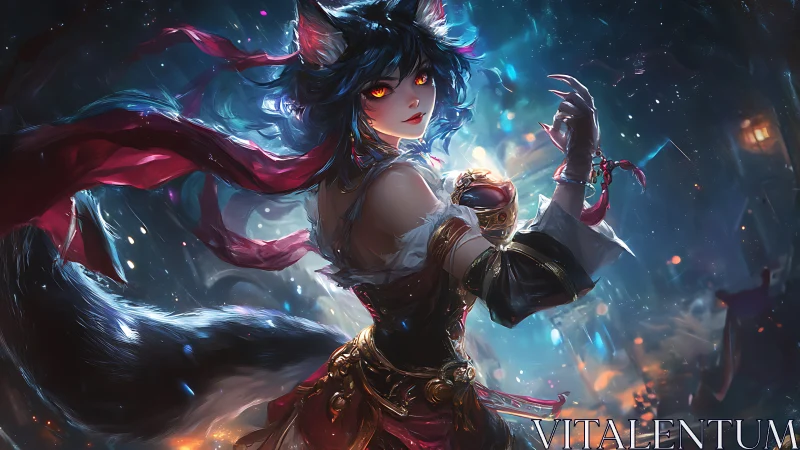 Fox eared sorceress amid swirling night magic storm.