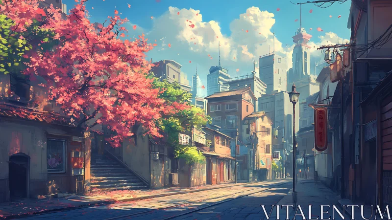 Sunlit cherry blossoms soften a quiet futuristic city street