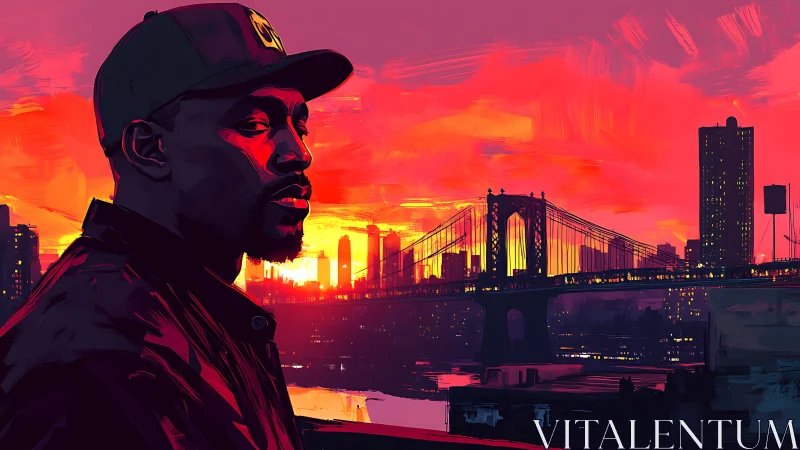 Brooding urban portrait glows against a neon city sunset