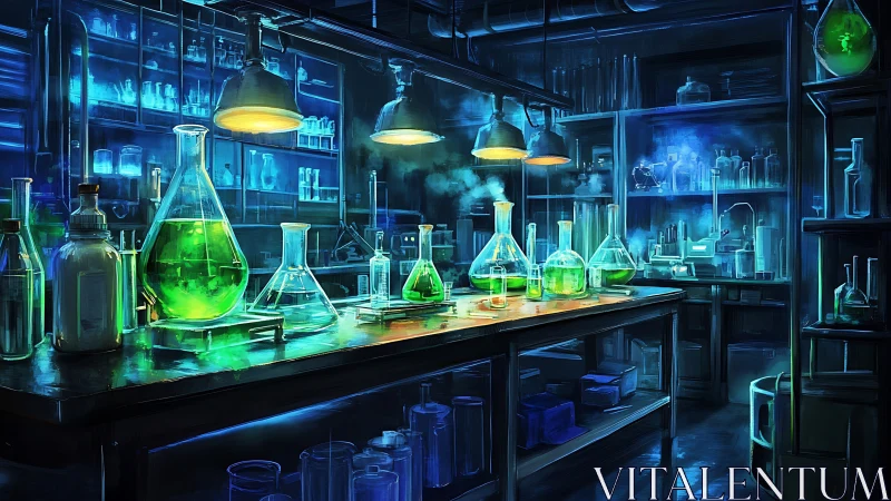 Neon laboratory glassware glows under moody industrial lights.