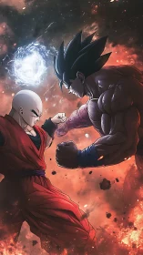 Explosive anime duel amid swirling cosmic firestorm.