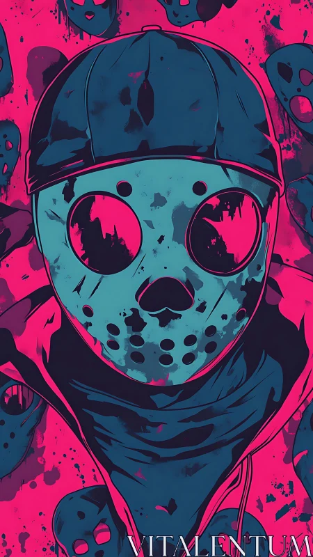 Neon masked figure stands bold against splattered pink chaos