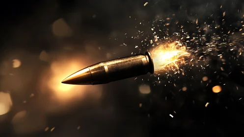 Side view of single bullet in flight with surrounding sparks.