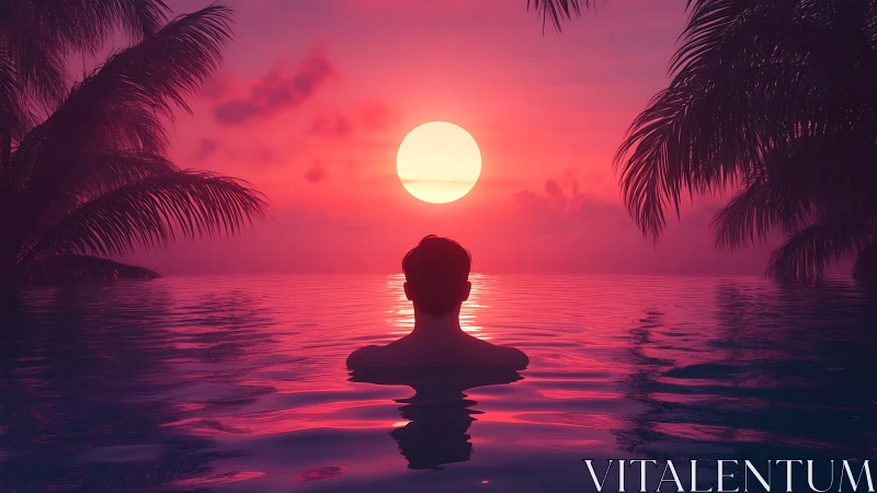 Silhouette in tropical water facing red sun at horizon.