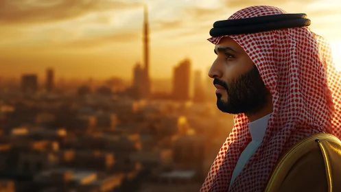 Saudi man surveys golden city skyline at sunset glow.