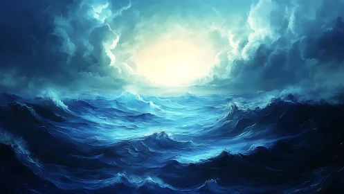 Stormy digital seascape with bright distant horizon.