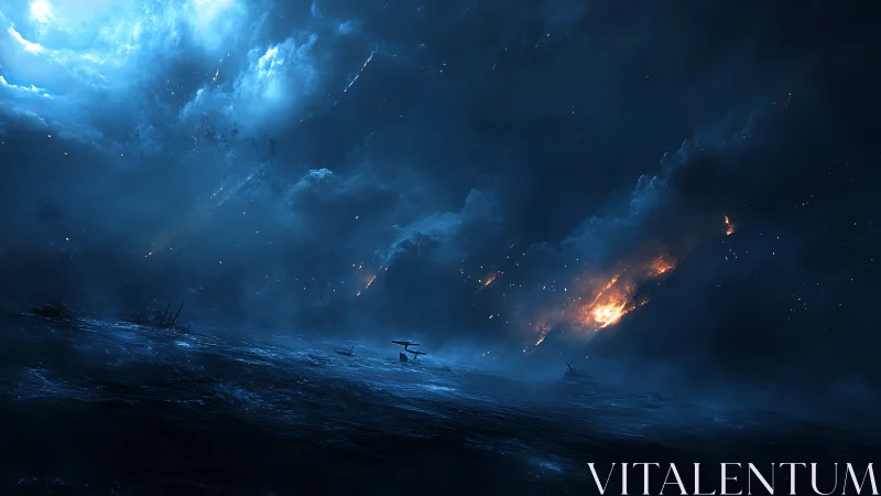 Apocalyptic ocean burns beneath shattered stars.